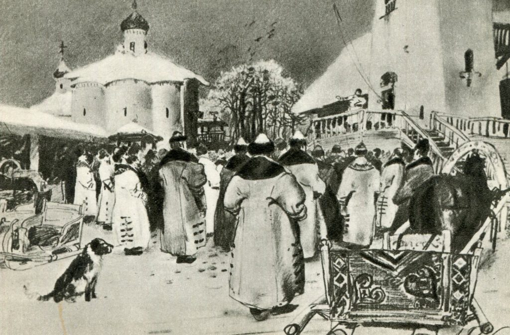 Czarno-biały rysunek przedstawiający mężczyzn w czapkach i płaszczach stojących w śniegu i słuchających mówcy, który wygłasza orację pod dzwonnicą. Po lewej stronie pies.