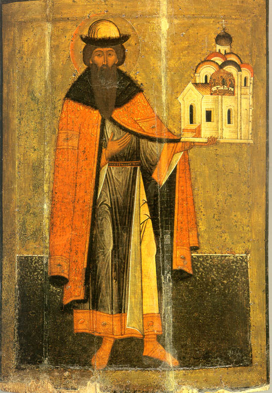 malowidło w ruskim stylu, przedstawiające księcia w futrzanym płaszczu i czapce trzymającego model cerkwi