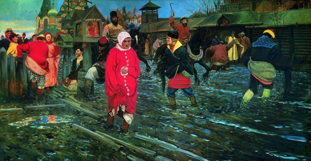 obraz przedstawiająca ruską dziewczynę w czerwonym płaszczu i mieszczan brodzących w błotnistej ulicy