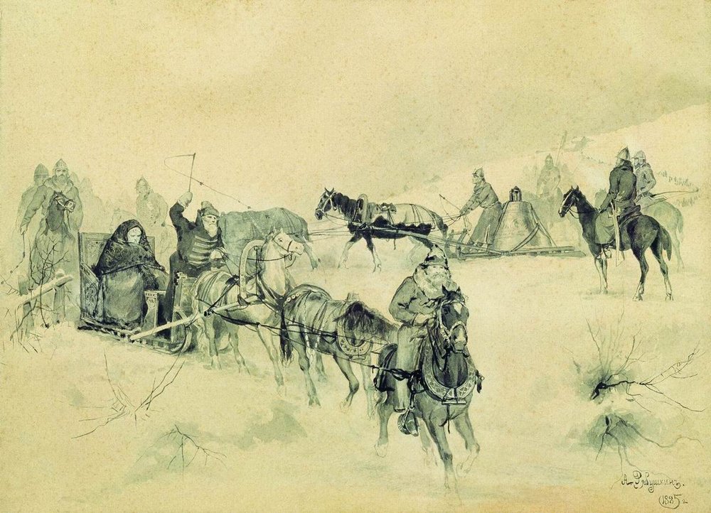 Czarno-biały rysunek przedstawiający ciąg sań ciągniętych przez konie. Na saniach oprócz woźniców znajduje się kobieta w obszernych szatach i dzwon.
