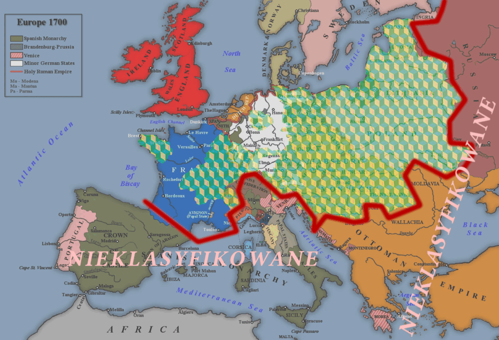 Mapa pokazuje tereny Rzeczypospolitej, imperium habsburskiego, Niemiec Wschodnich, a także niektóre Niemiec Zachodnich i Francji zacieniowane